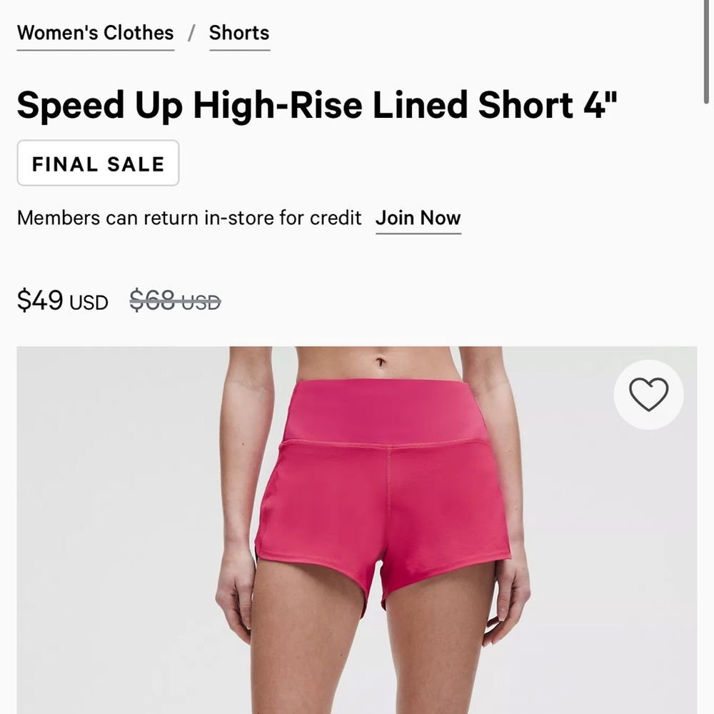 Lululemon Speed Up High-Rise Lined Short 4” size 4
